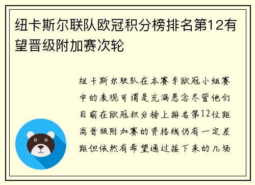 纽卡斯尔联队欧冠积分榜排名第12有望晋级附加赛次轮 纽卡斯尔联队欧冠积分榜排名第12有望晋级附加赛次轮