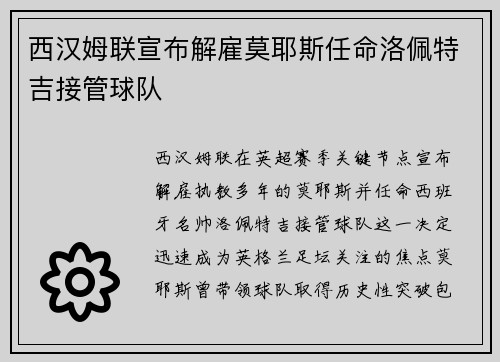 西汉姆联宣布解雇莫耶斯任命洛佩特吉接管球队 西汉姆联宣布解雇莫耶斯任命洛佩特吉接管球队